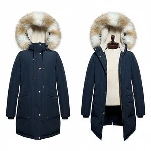 SAM EDELMAN Polyester Down Parka Coat Navy Blue Solid Faux Fur Hood US Size M